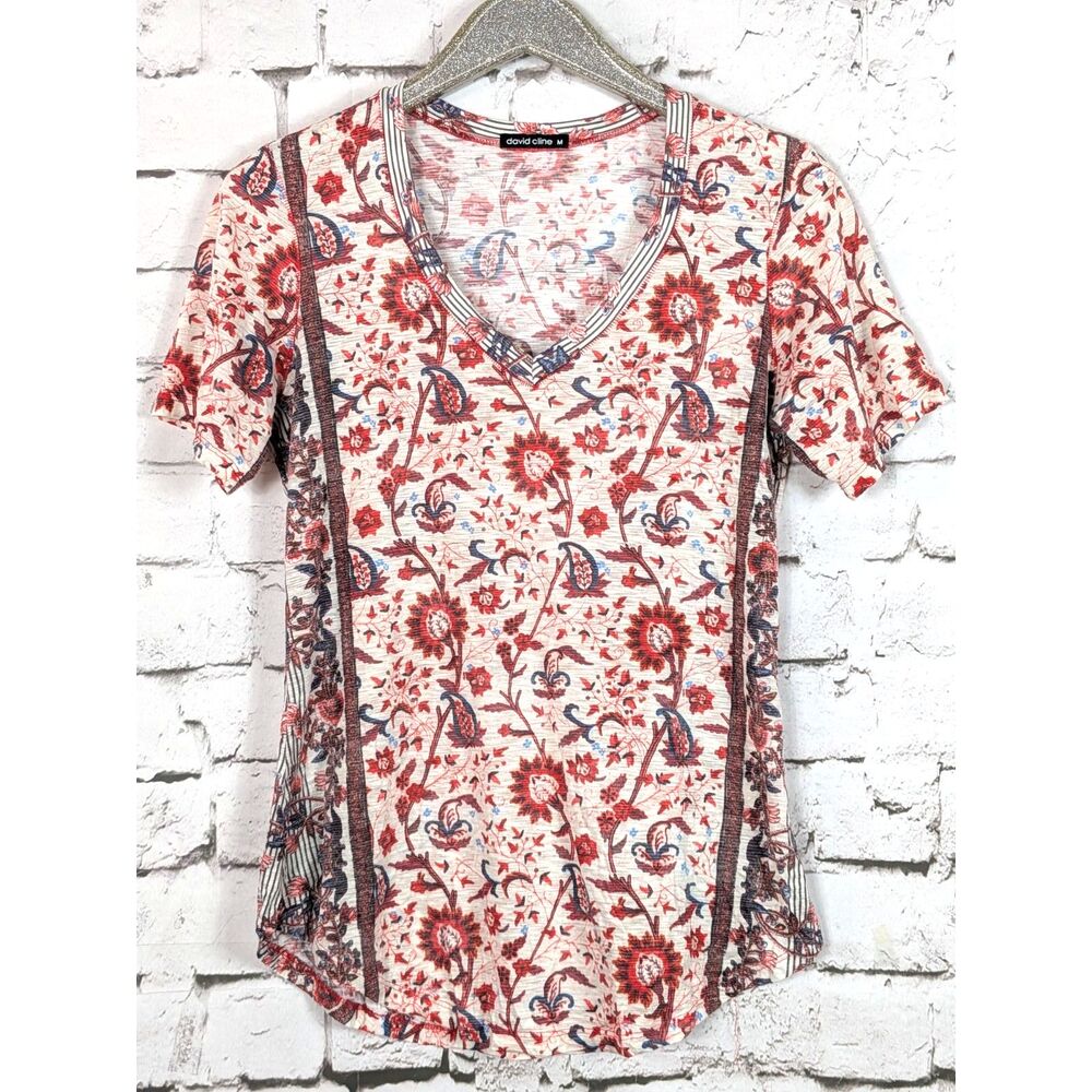 DAVID CLINE Signature Crinkle Knit Fall Floral Tee USA Casual Collectible Medium